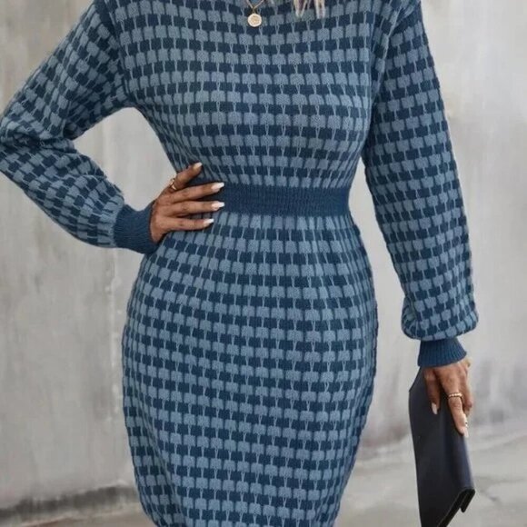 MODA ME COUTURE Dresses & Skirts - MODA ME COUTURE Sweater Dress Polyester Houndstooth Quiet Luxury L Blue